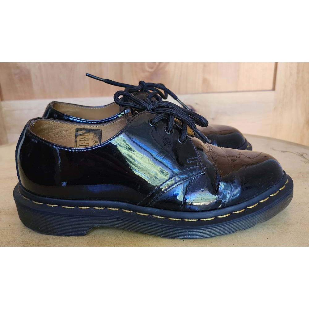 Dr. Doc Martens Sz 6 *HOLE* Black Patent Leather 1461 3-Eye Oxford Shoes 10084